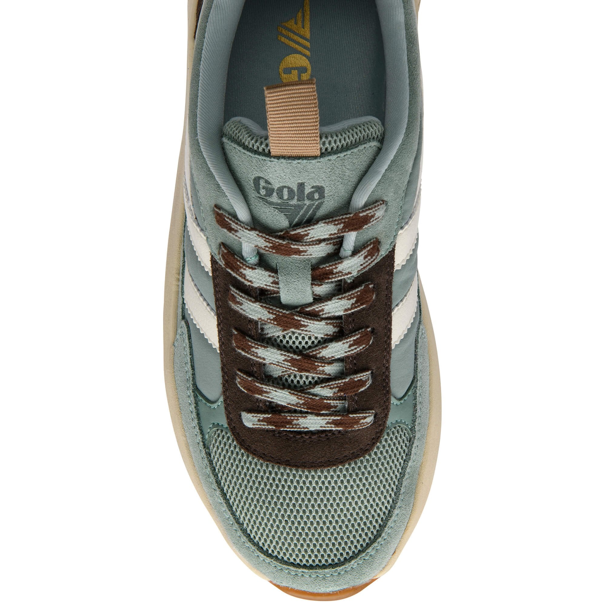 Trainer with brown laces and visible Gola branding on a white background