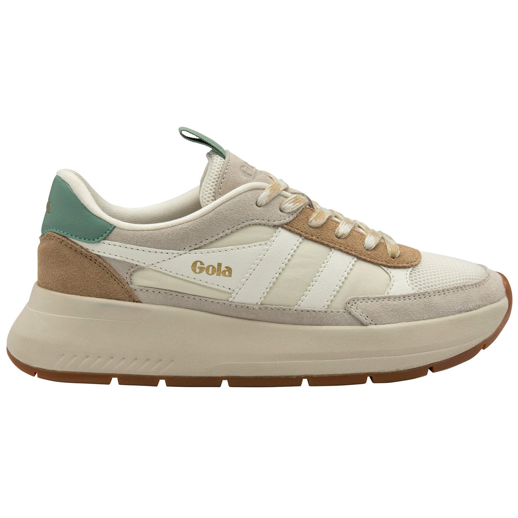 White trainer with brown and green accents on a white background