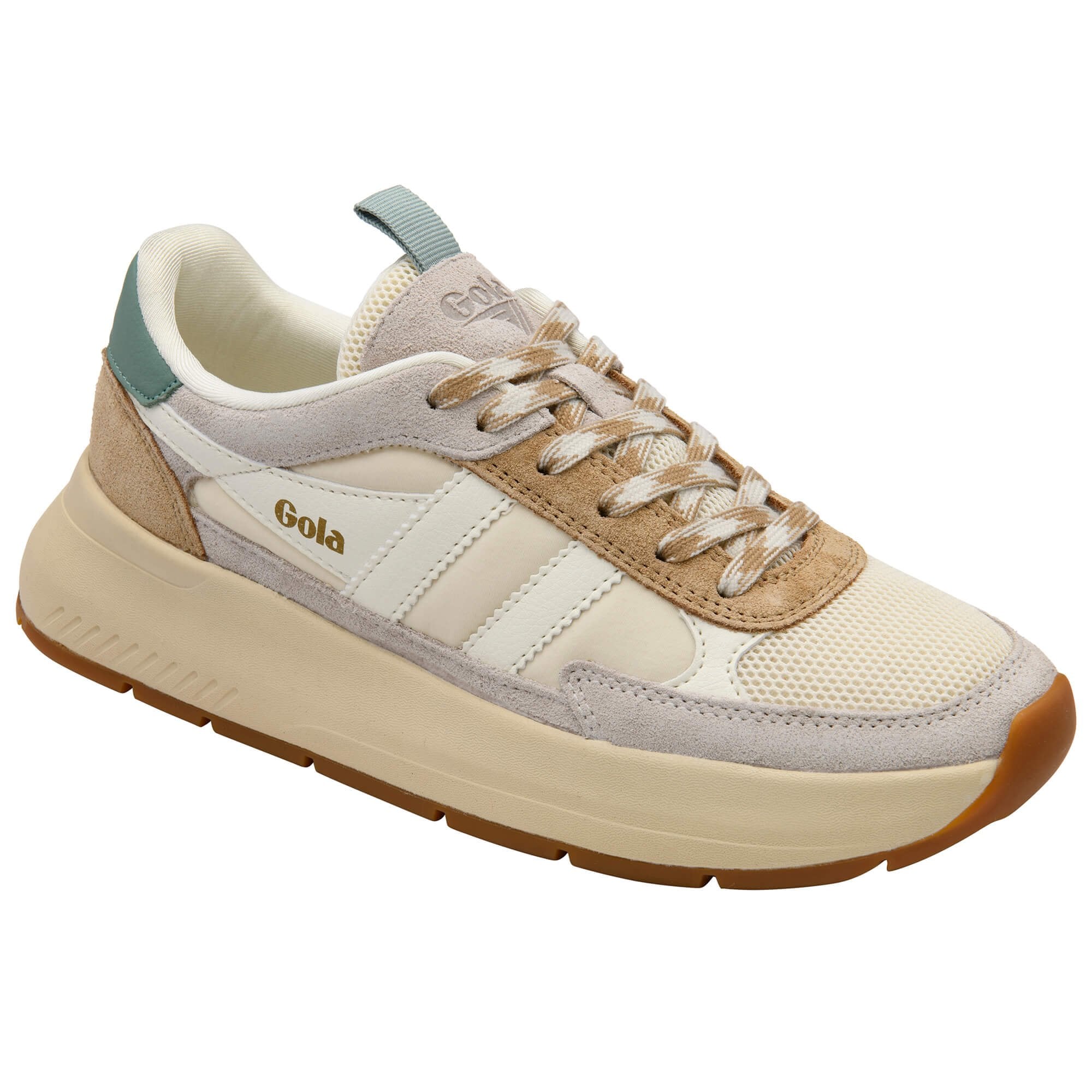 Beige and brown trainer with 'Gola' branding on a white background