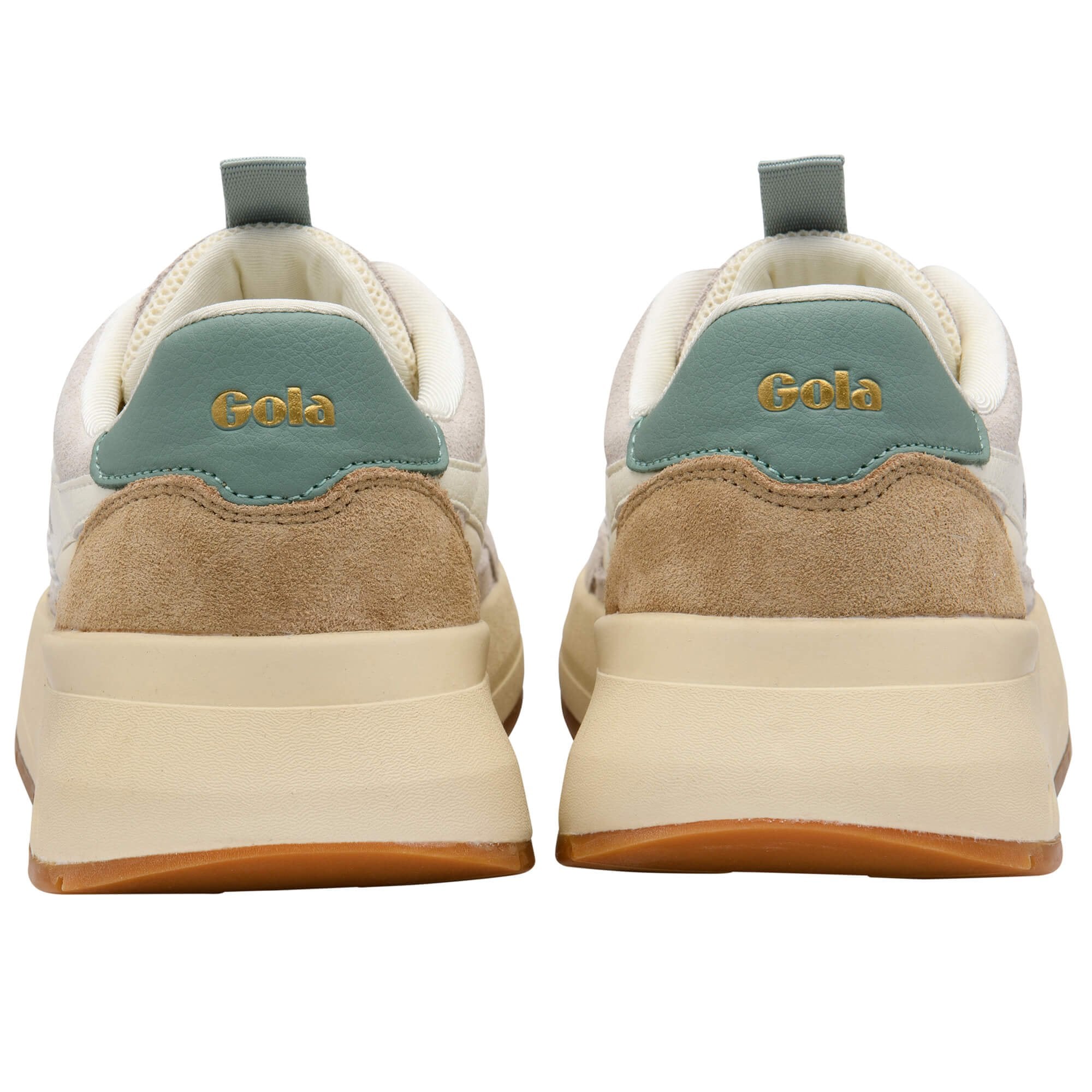 Pair of Gola trainers with beige, brown, and green colour scheme on a white background