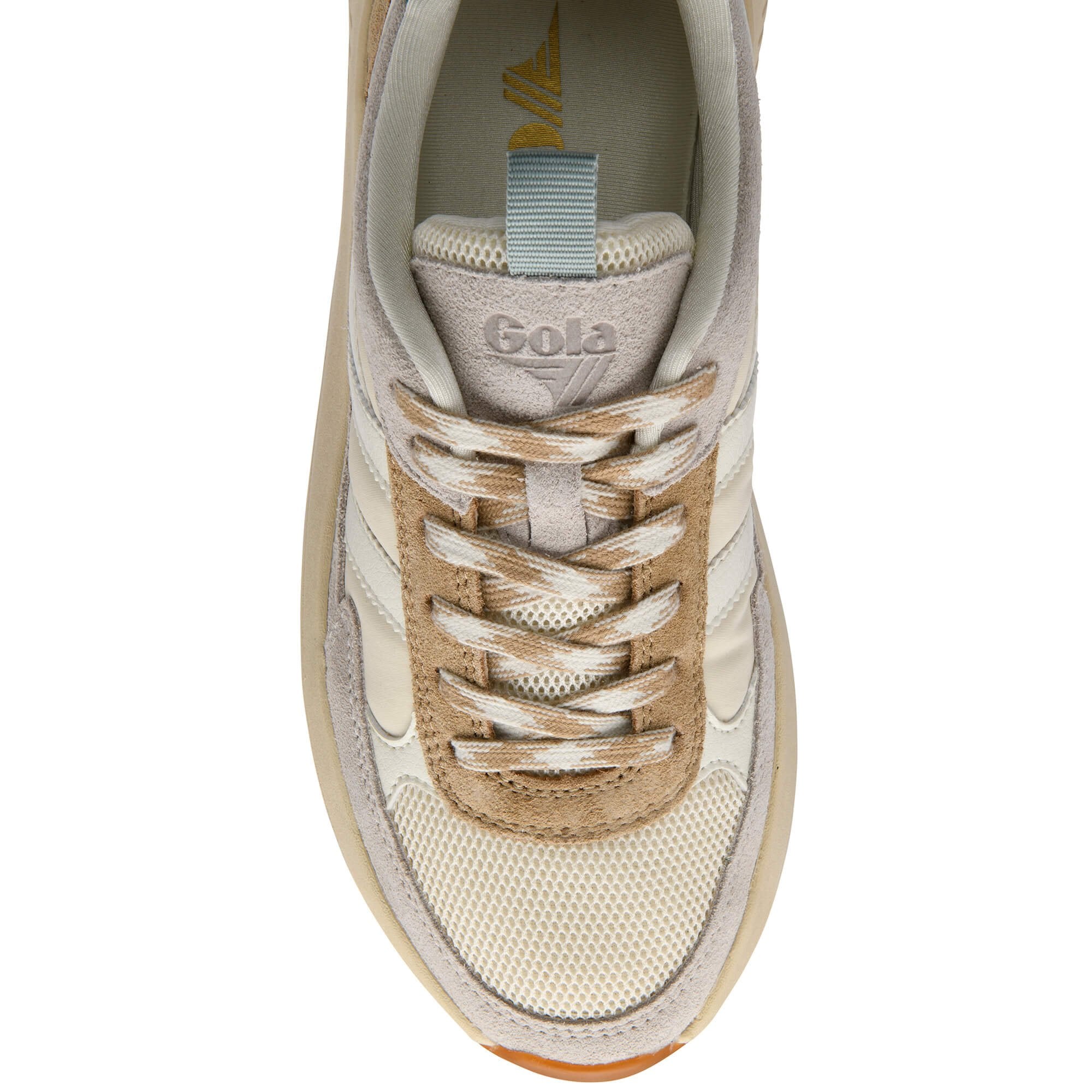 Beige trainer with brown laces on a white background