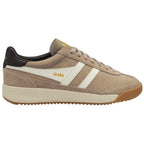 Beige trainer with white stripes and 'Gola' branding on a white background