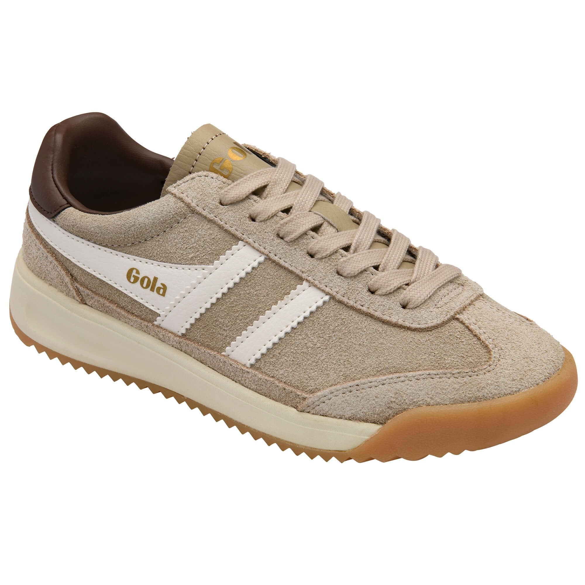 Beige trainer with white stripes and brown sole on a white background