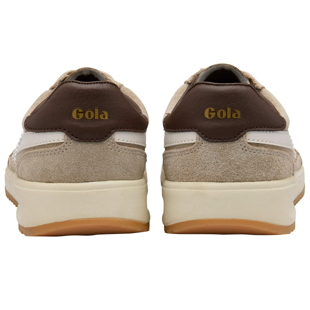 Rear view of two Gola trainers in beige and white with brown heel tabs on a white background