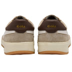 Rear view of two Gola trainers in beige and white with brown heel tabs on a white background