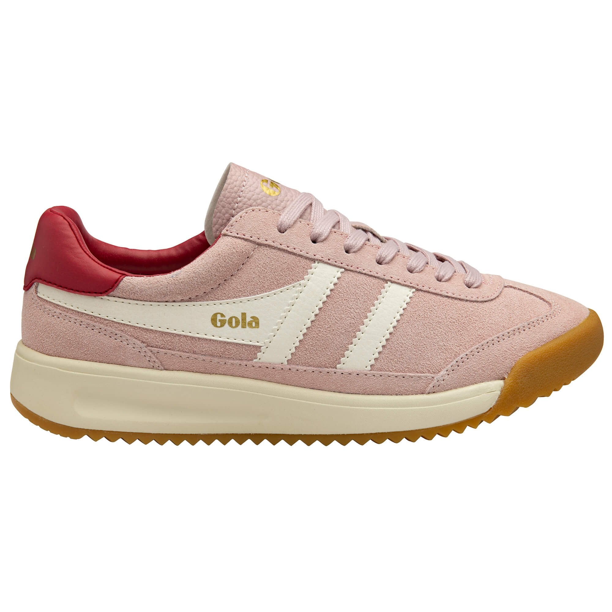 Pink trainer with white stripes and red interior on a white background