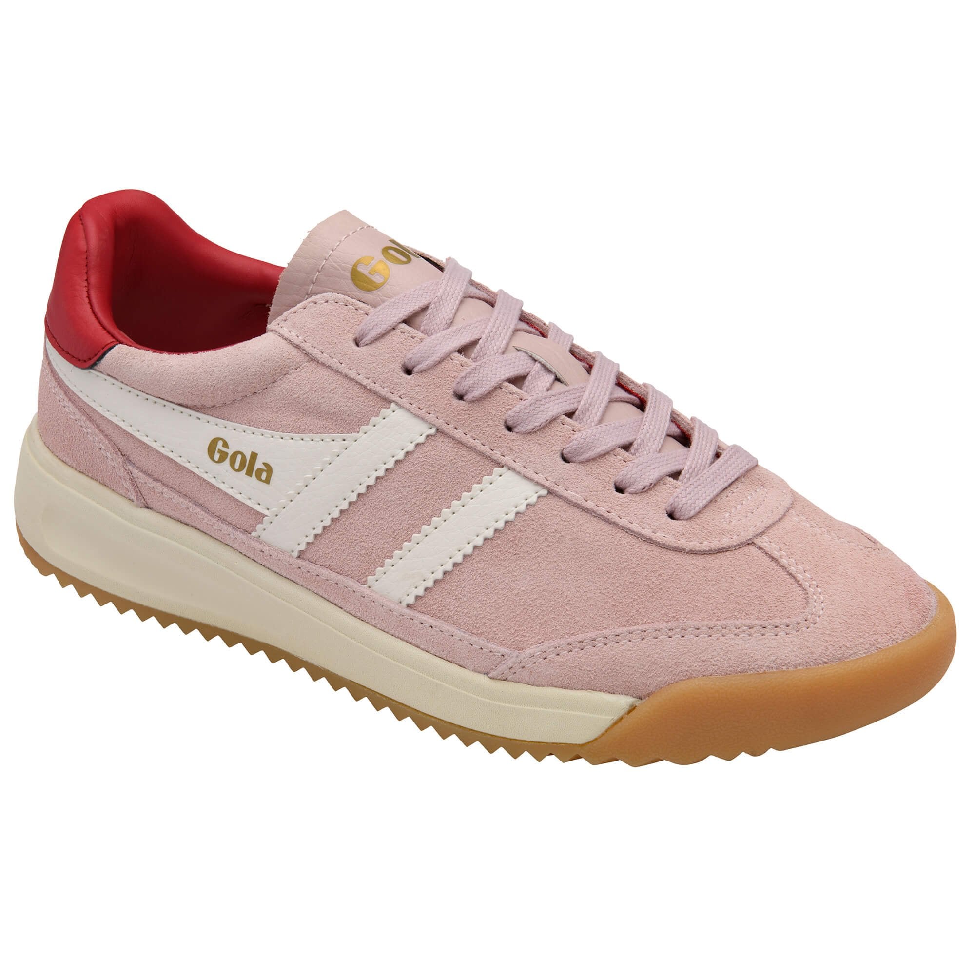 Pink Gola trainer with white stripes and red heel detail on a white background