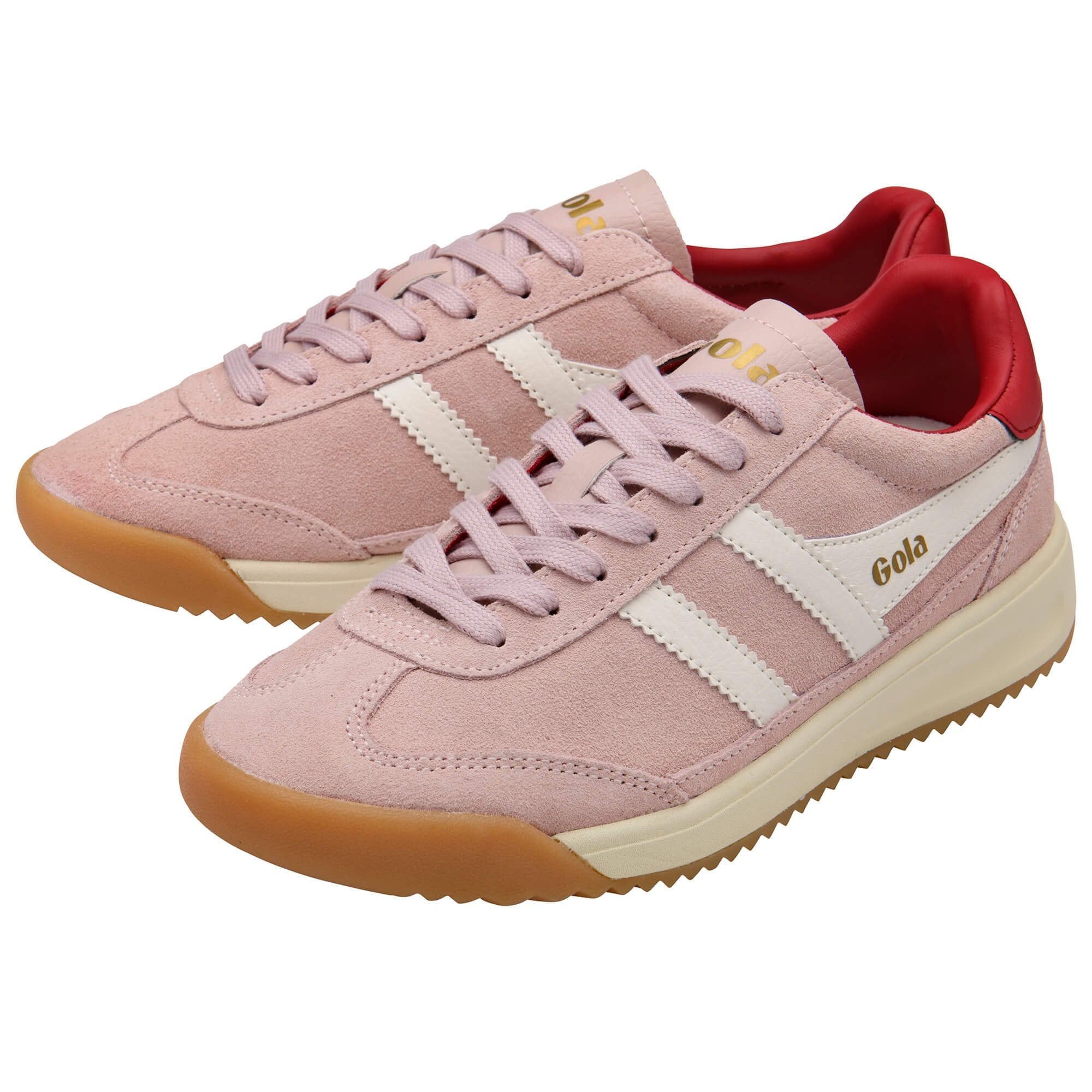 Pair of Gola Elan sneakers in pink suede with white stripes, red heel trim, and gum soles
