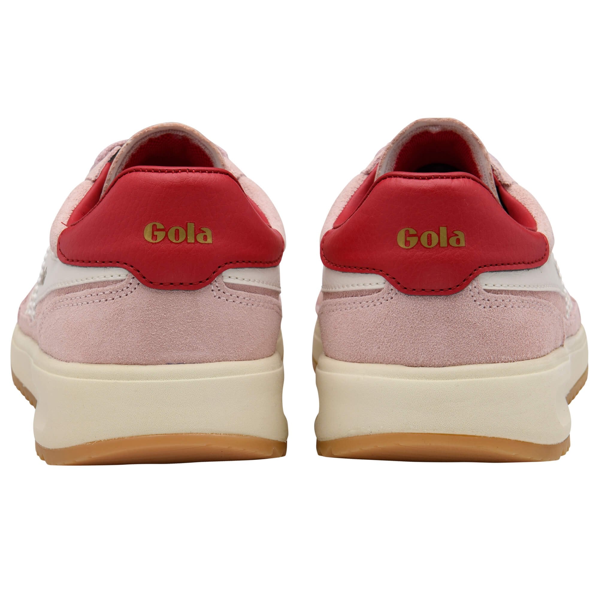Pair of Gola trainers, back view, light pink with red heel tab and cream sole