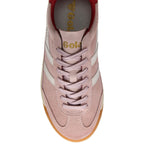 Pink trainer with white stripes on a white background