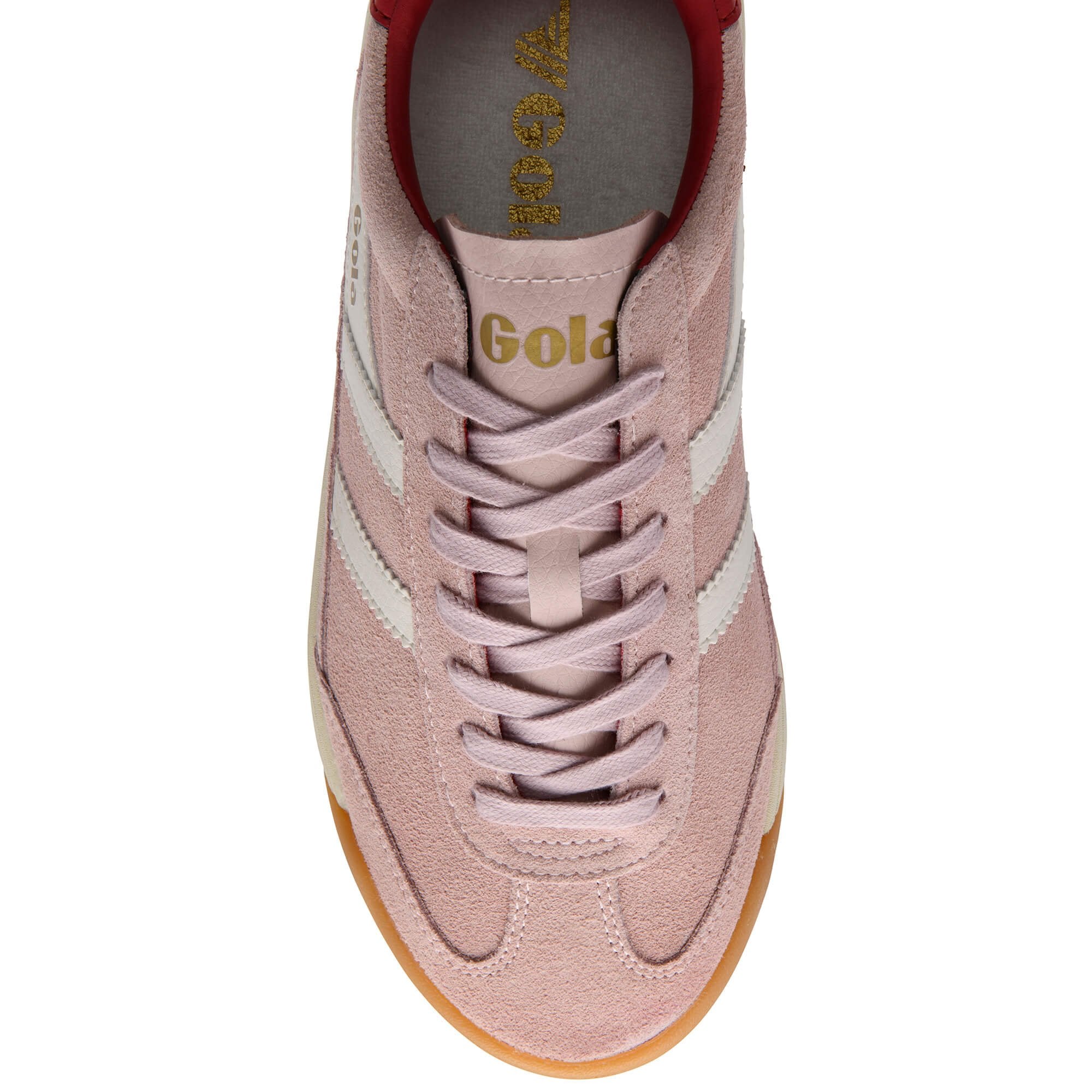 Pink trainer with white stripes on a white background