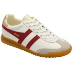 White Gola trainer with red stripe, gold heel tab and gum sole on a white background