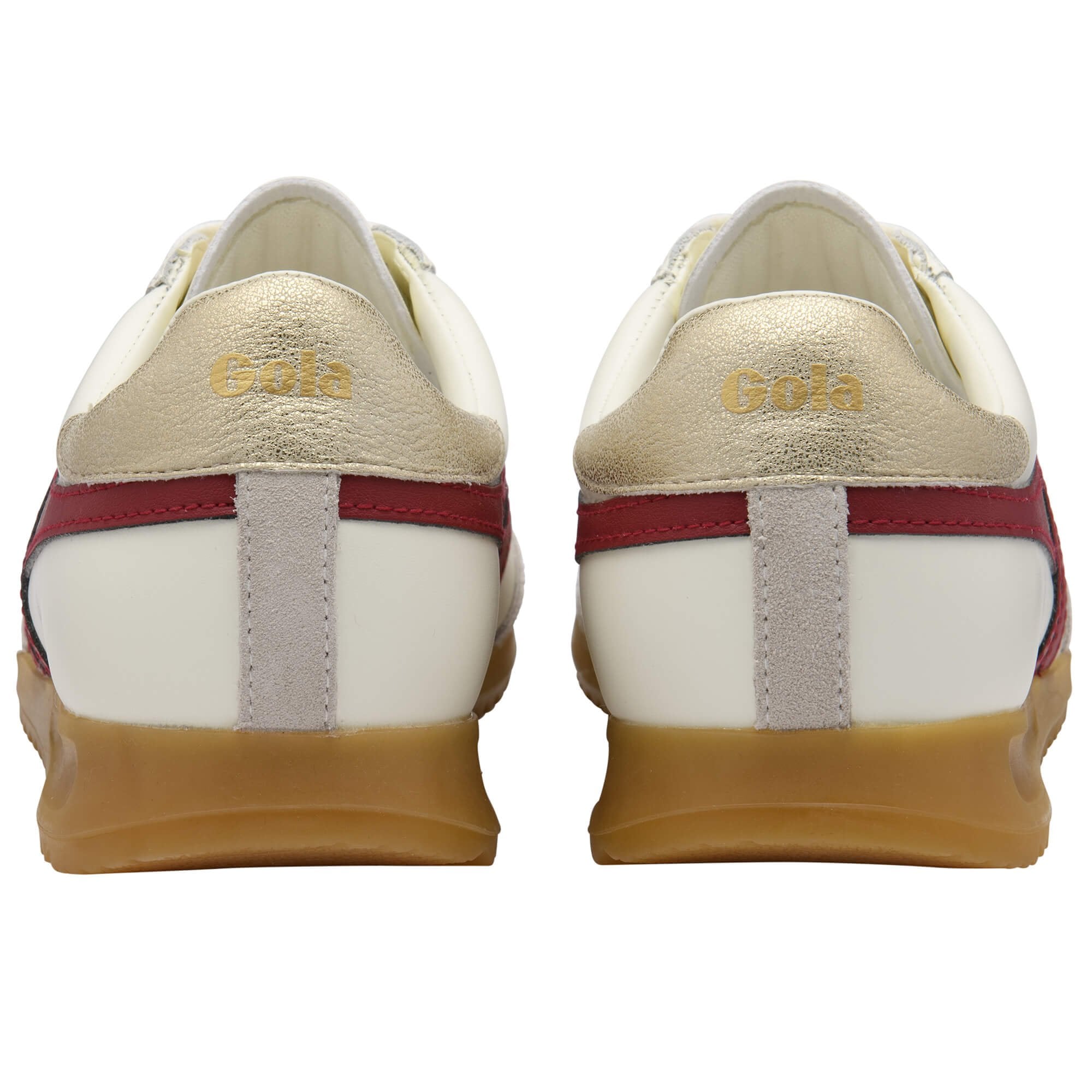 White Gola trainers with red and gold accents and gum sole on a white background