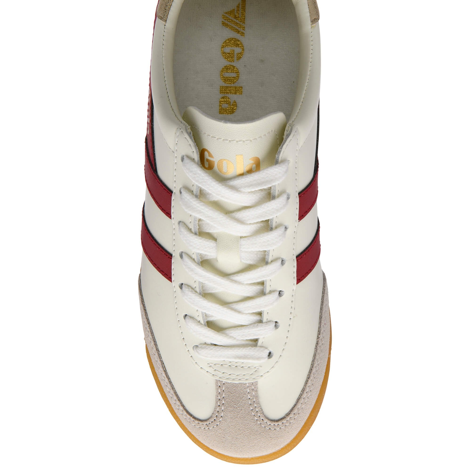 White Gola trainer with red stripes and white laces on a white background