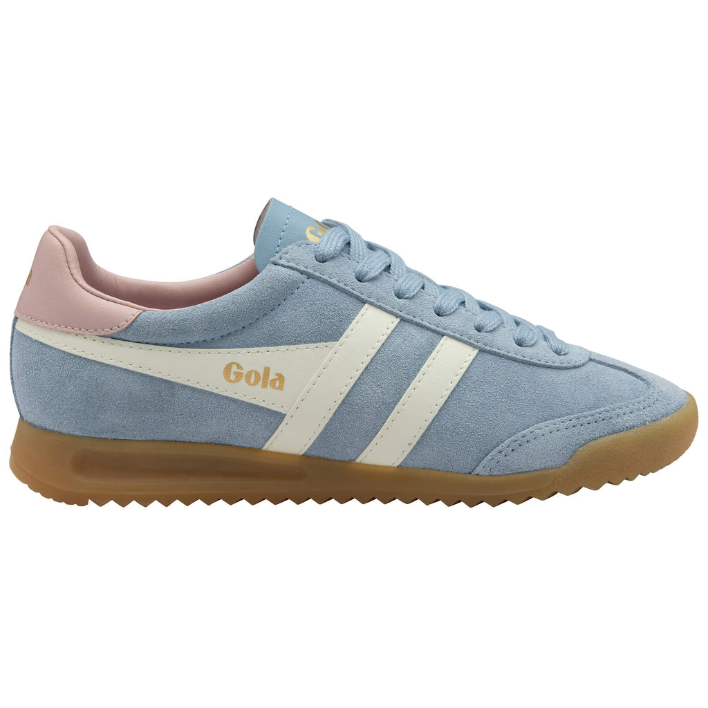 Light blue suede Gola trainer with white stripes, pink heel trim, and a gum sole
