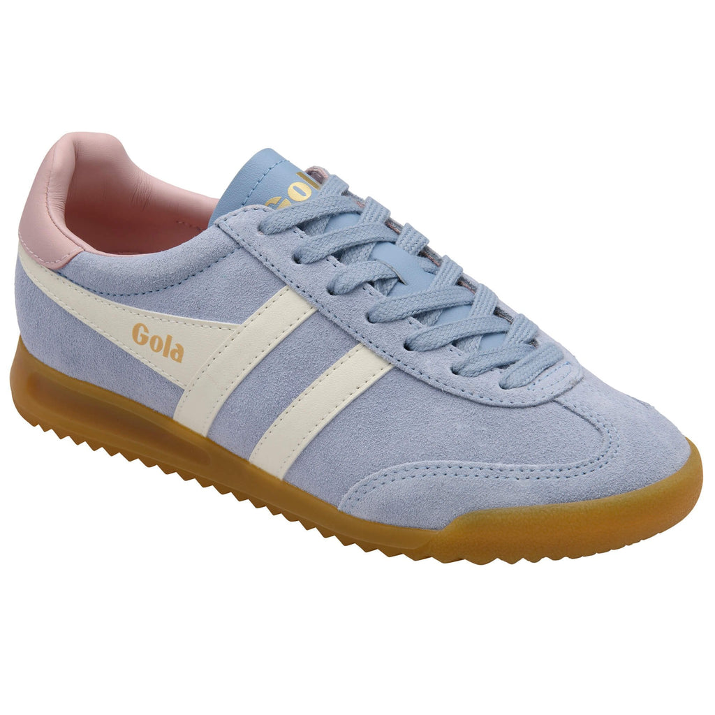 Light blue trainer with a white stripe and brown sole on a white background