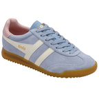 Light blue trainer with a white stripe and brown sole on a white background
