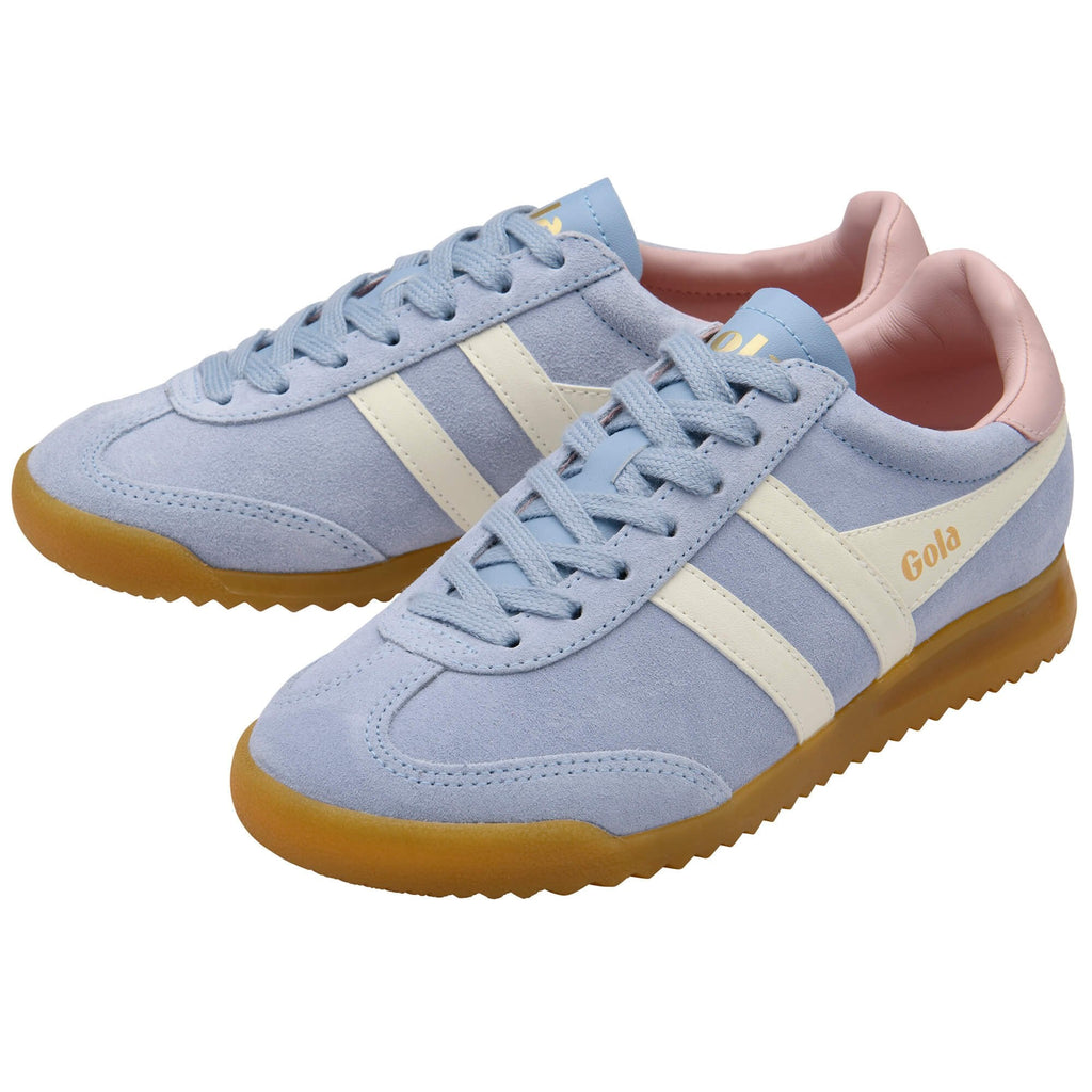 Pair of light blue trainers with white accents on a white background
