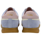 Pair of blue and pink Gola trainers shown from the back on a white background