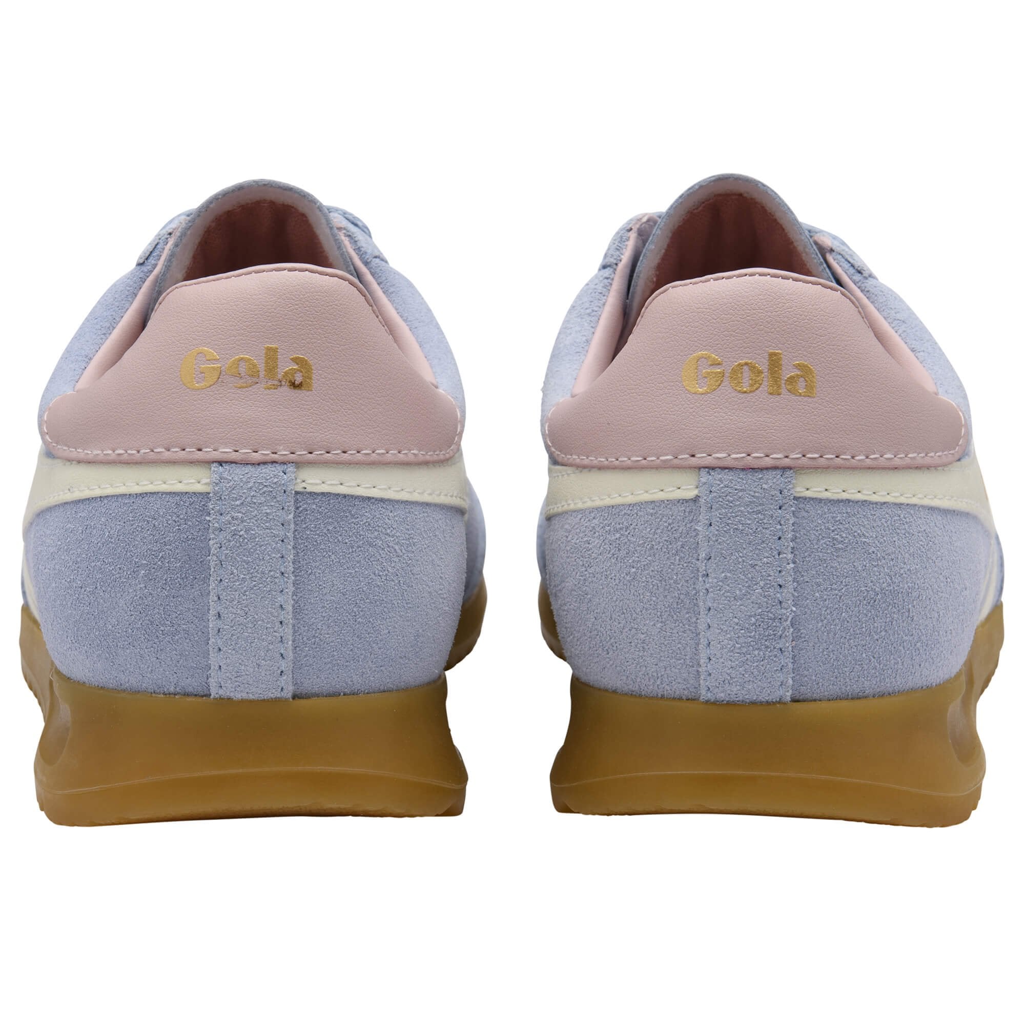 Pair of blue and pink Gola trainers shown from the back on a white background
