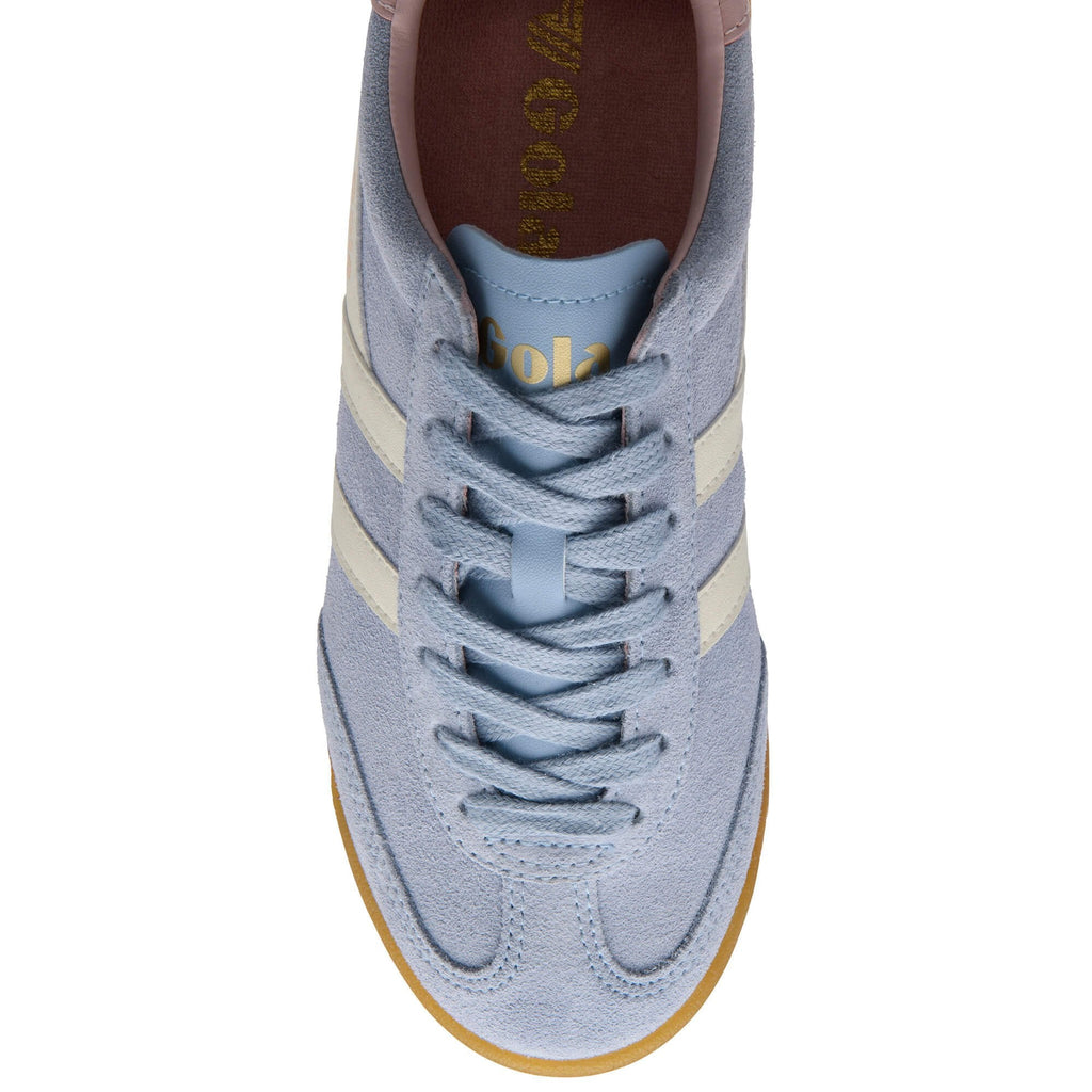 Light blue suede trainer with white stripes and light brown sole