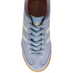 Light blue suede trainer with white stripes and light brown sole