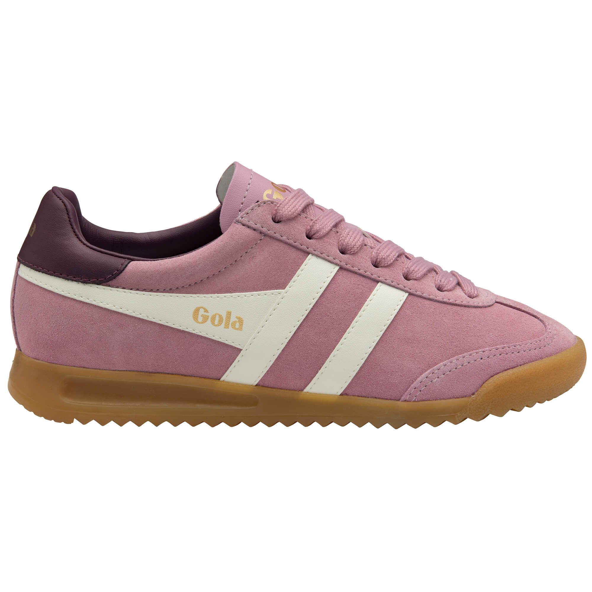 Pink Gola trainer with white stripes and brown sole on a white background