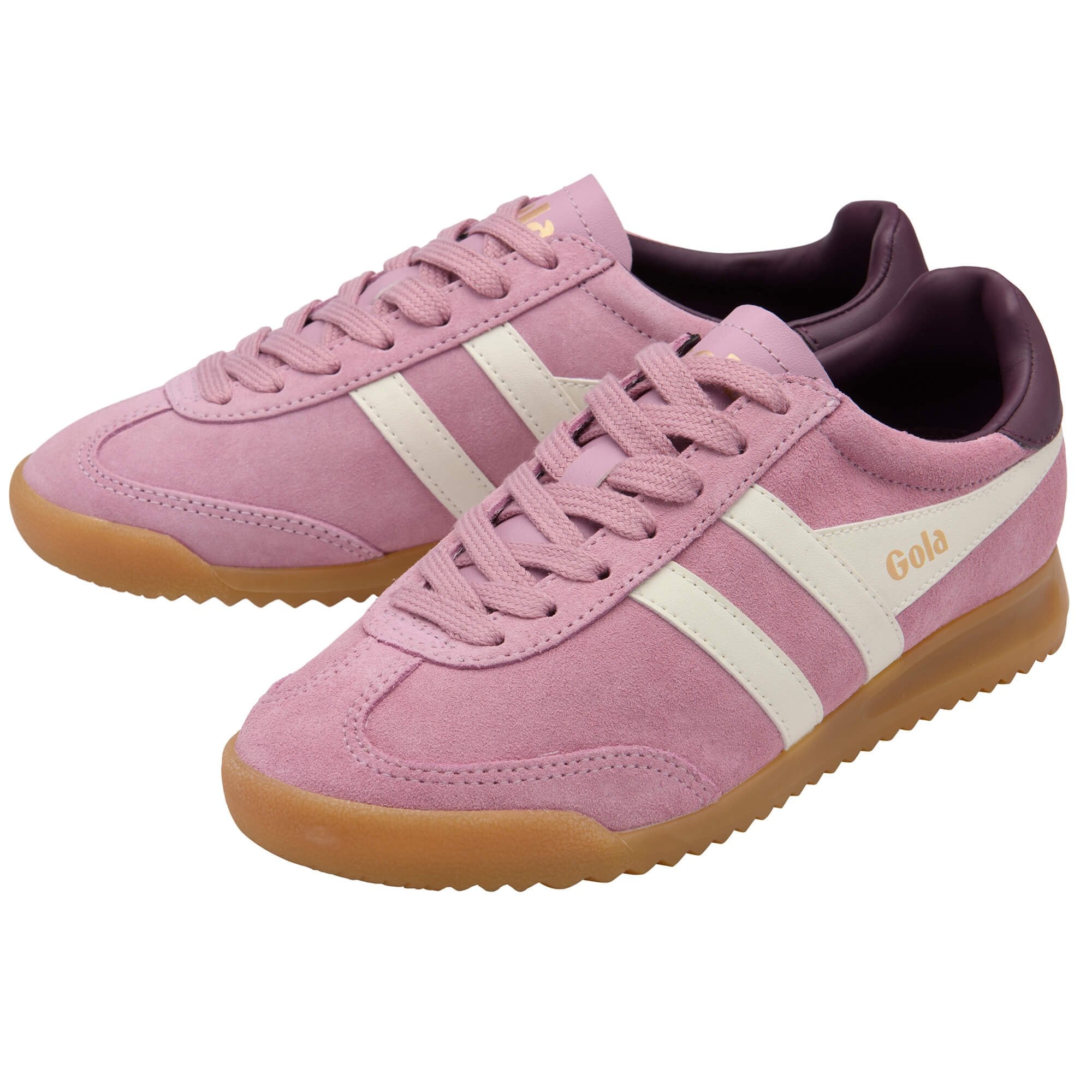Pink Gola trainers with white stripes and brown soles on a white background