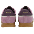 Purple and white Gola trainers with brown soles on a white background