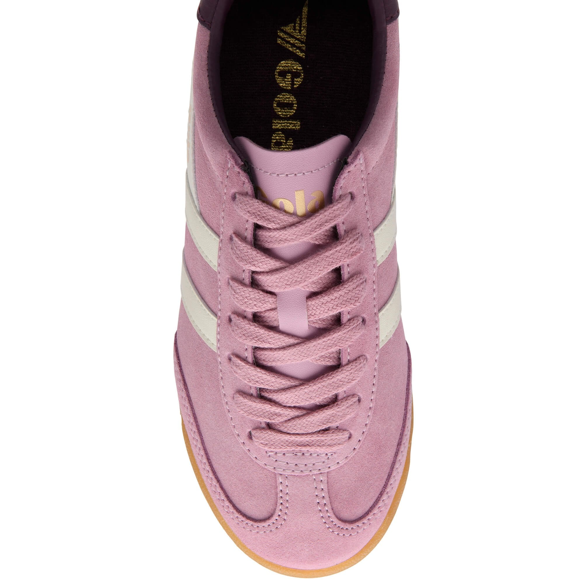 Pink Gola trainer with white stripes and a gum sole on a white background