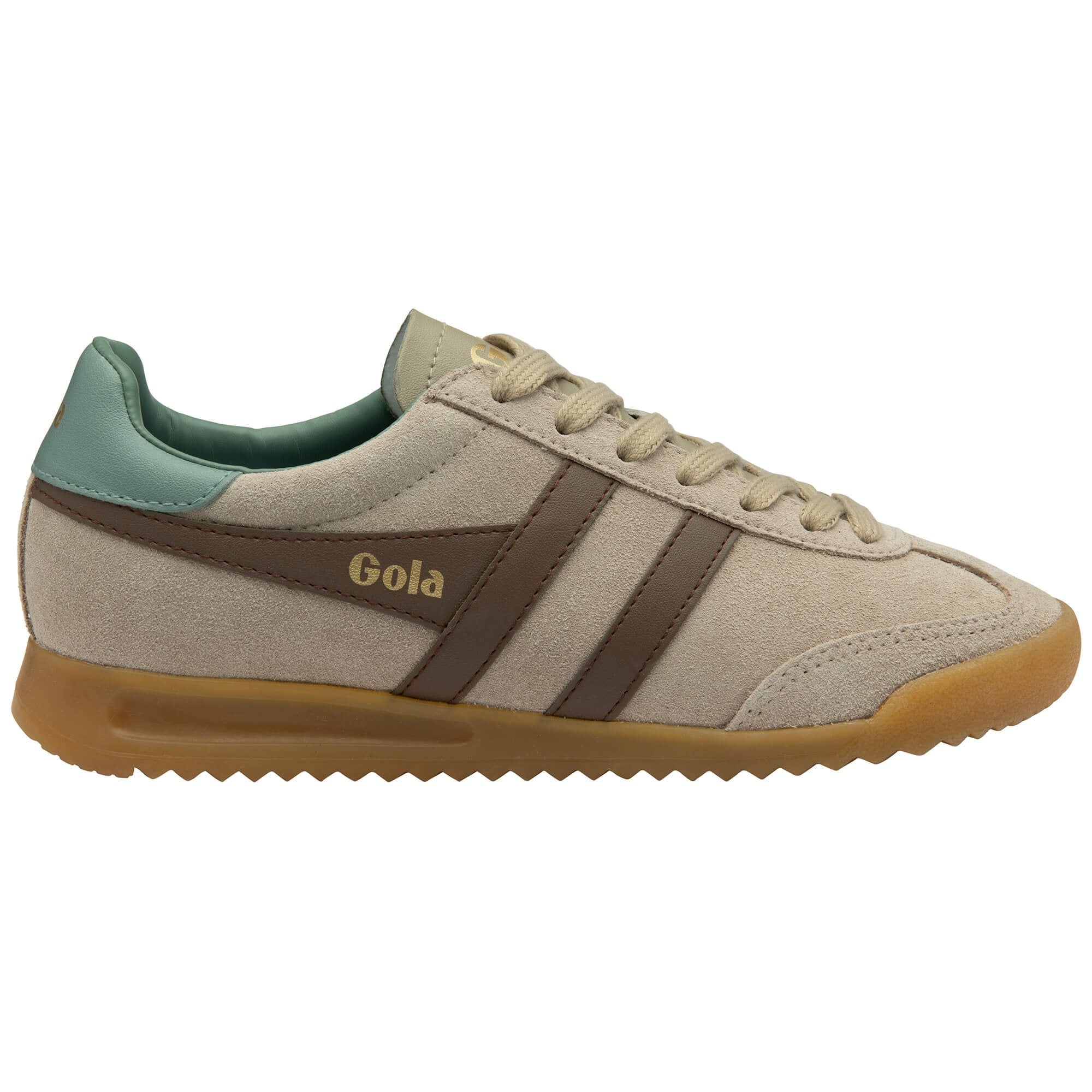 Beige Gola trainer with brown accents and 'Gola' branding on a white background