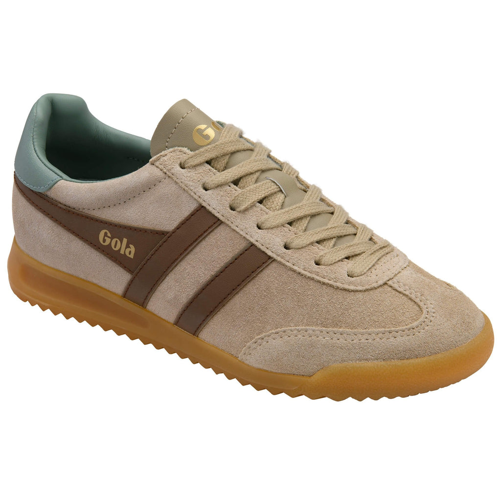 Beige Gola trainer with brown accents on a white background