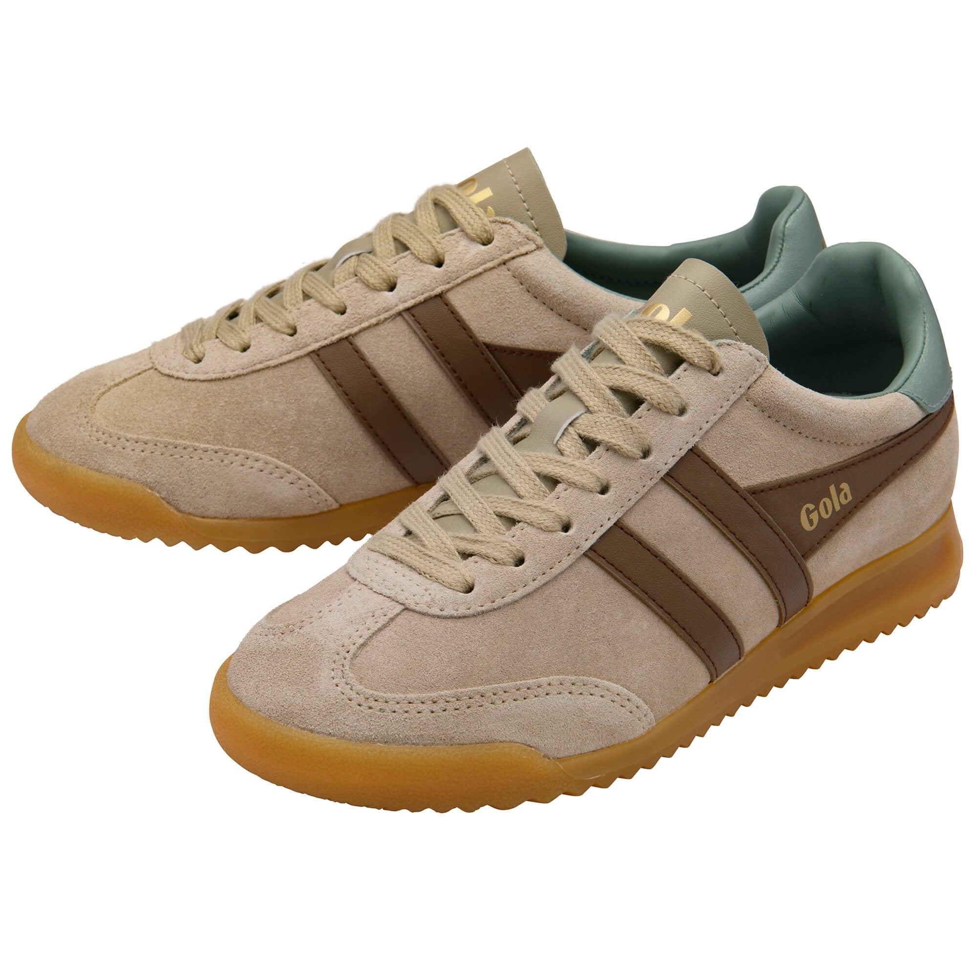 Beige and brown trainers with 'Gola' branding on a white background