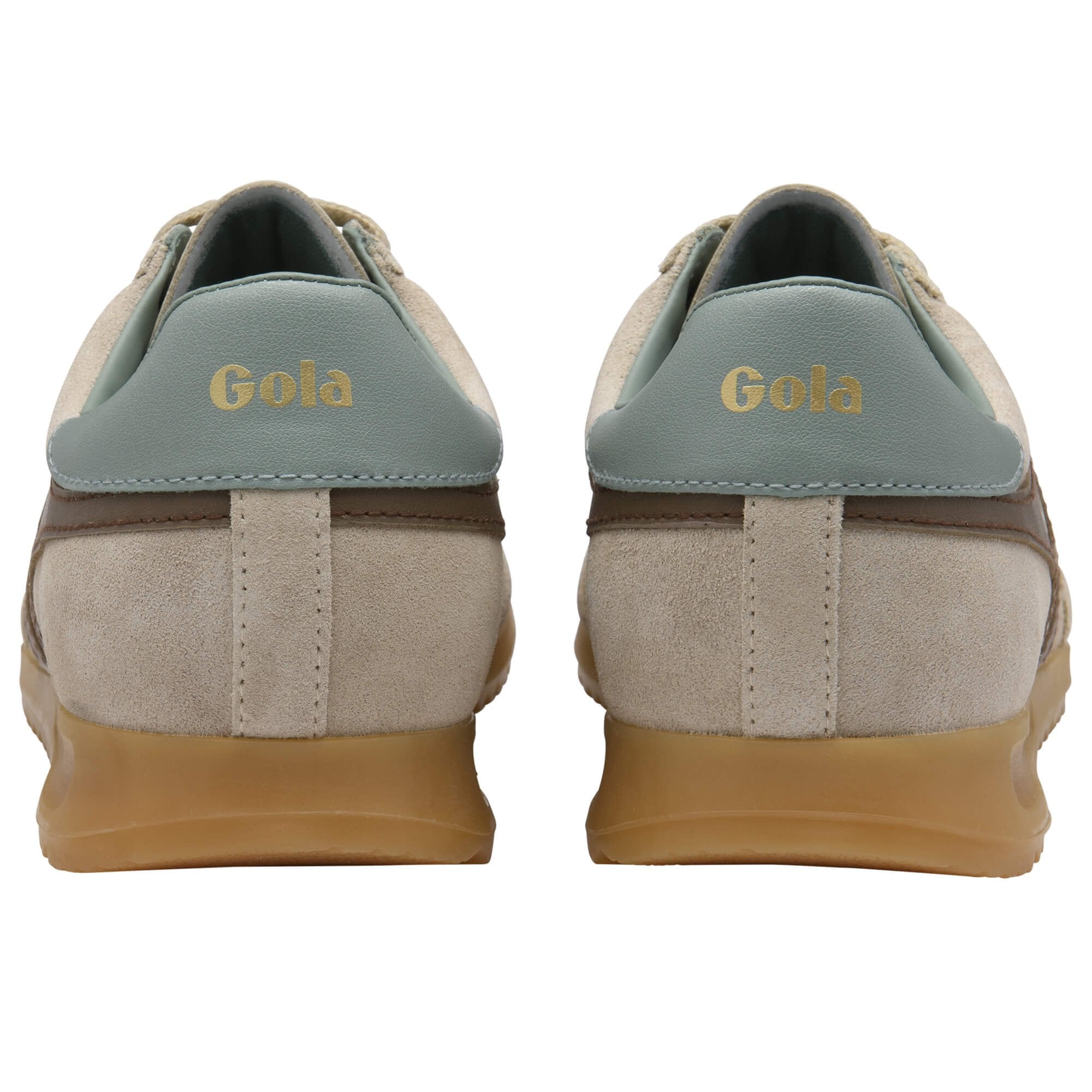 Rear view of two Gola trainers in beige with grey heel tabs and brown accents
