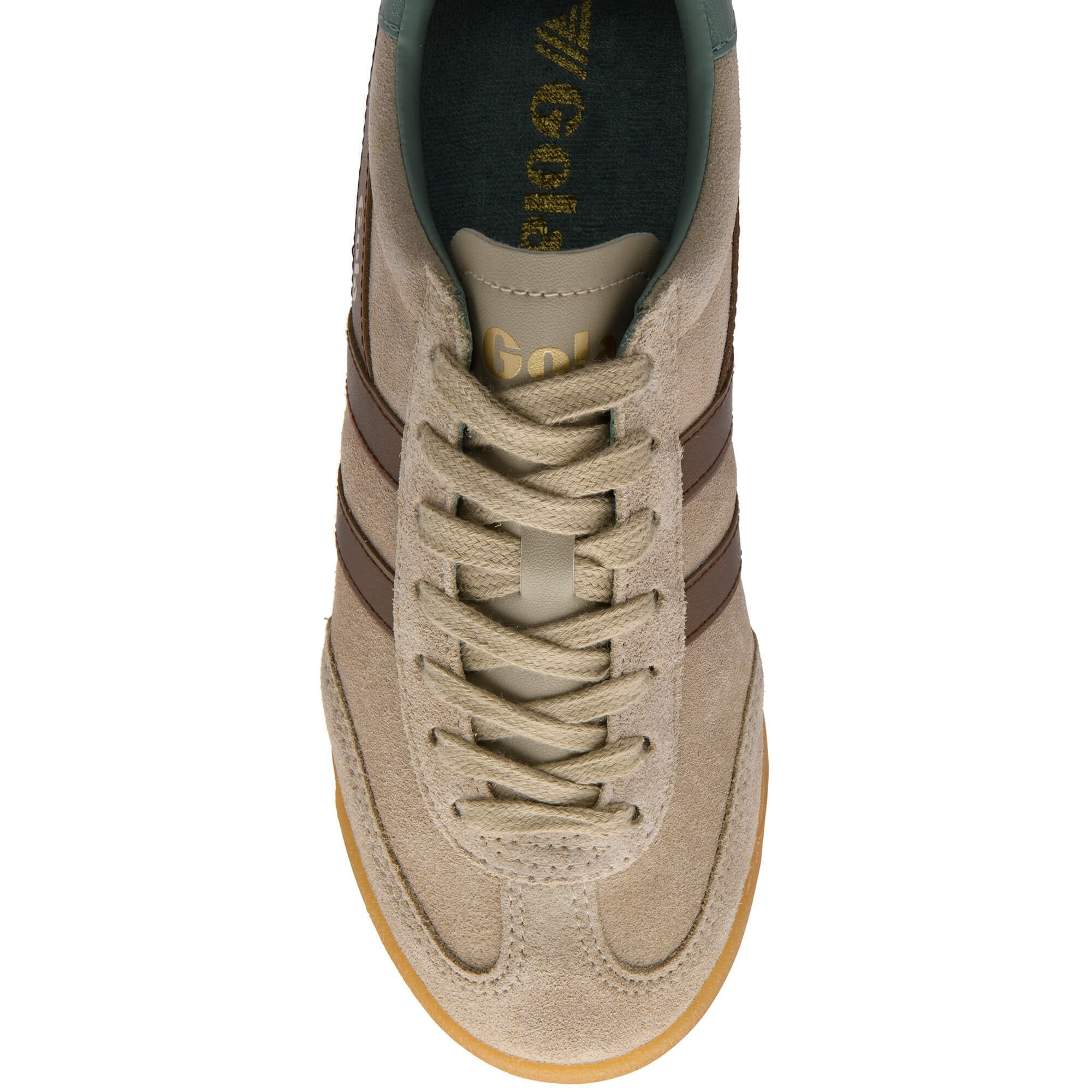 Top-down view of a Gola trainer in beige and dark brown with a gum sole
