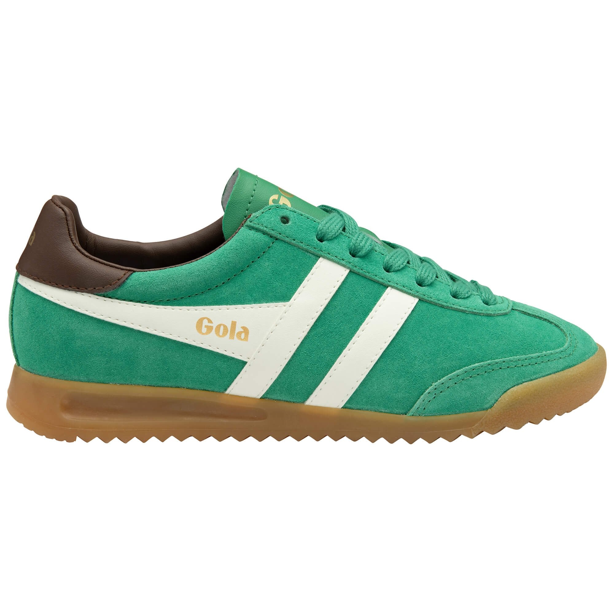 Green Gola trainer with white stripes, brown accents and a gum sole on a white background