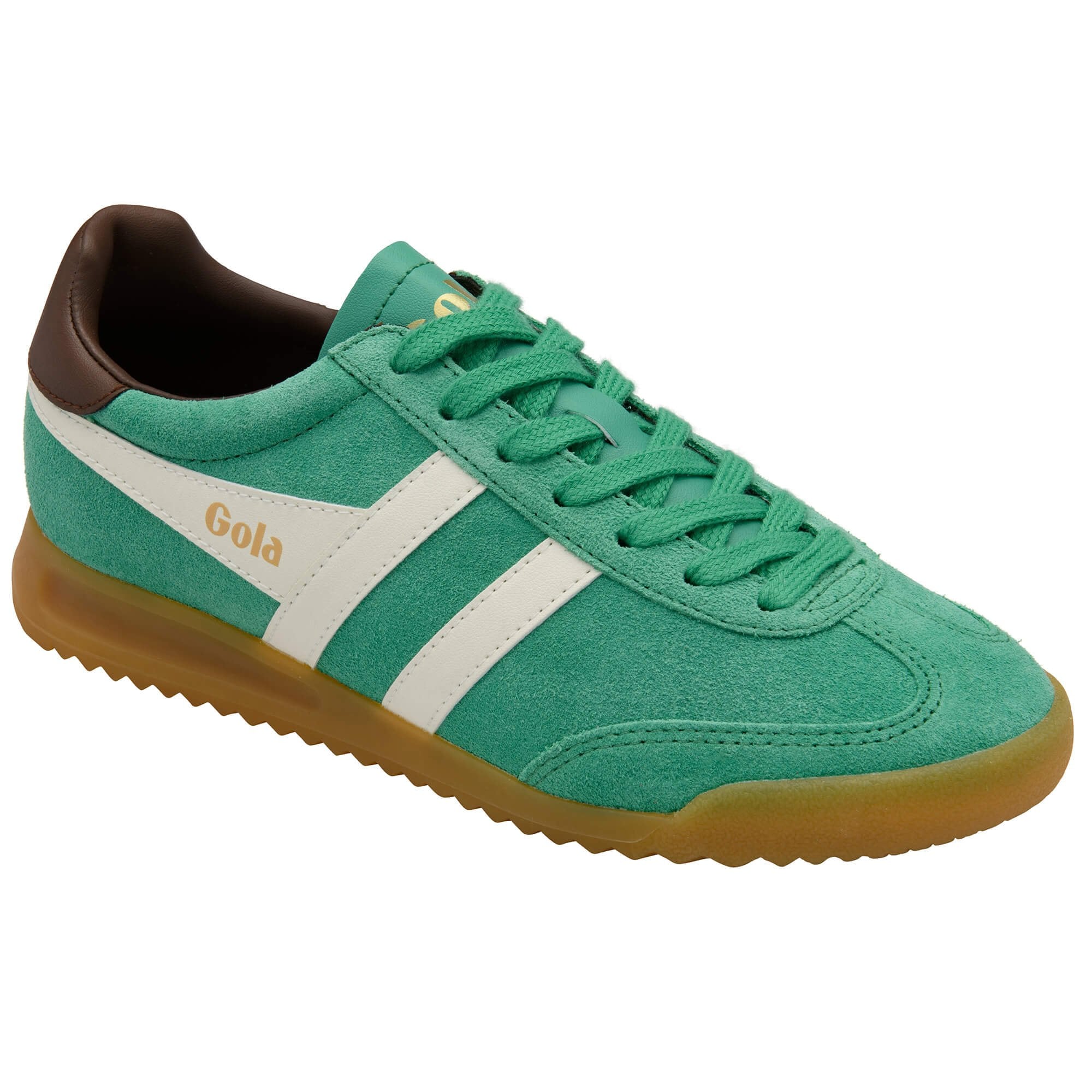 Green Gola trainer with brown accents on a white background