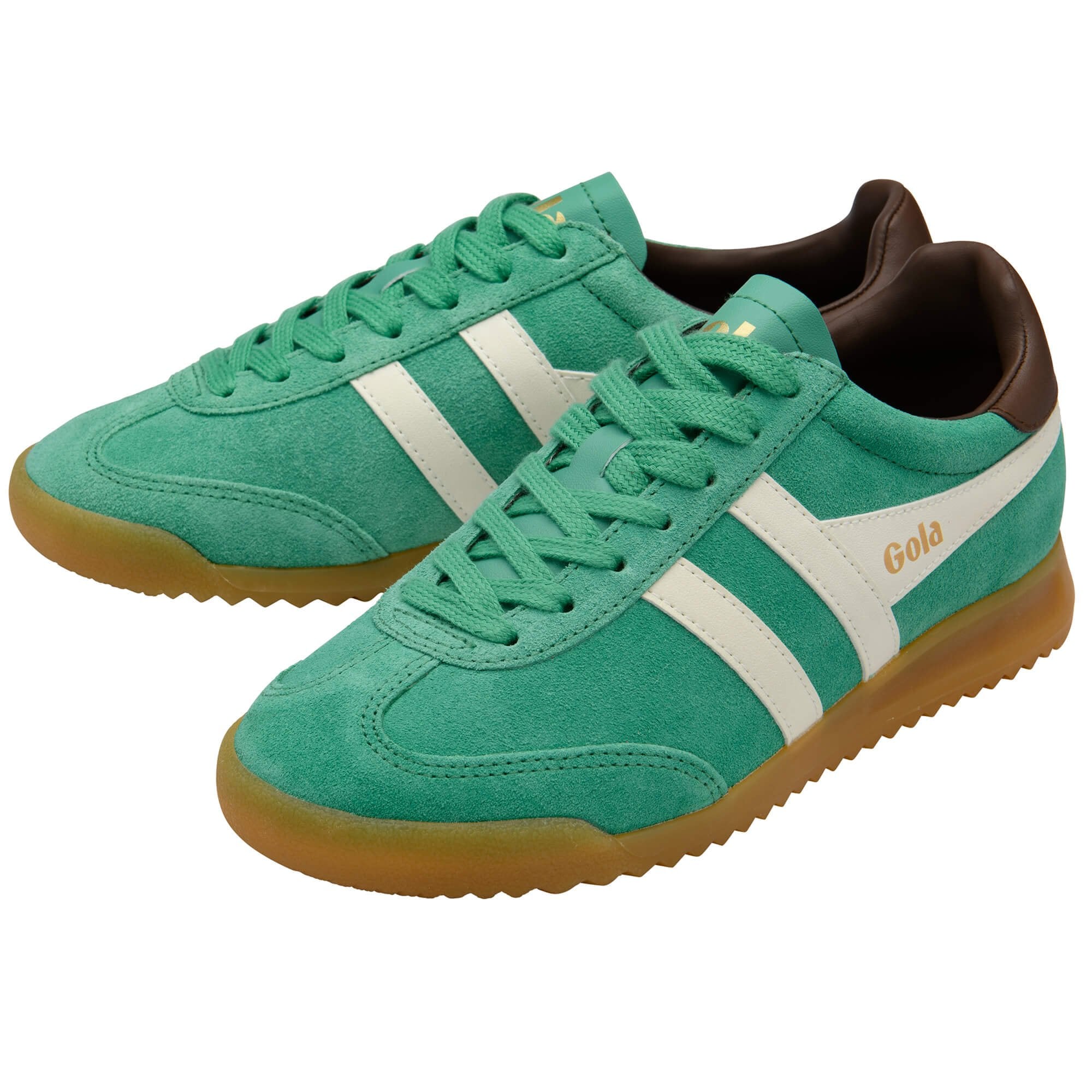 Pair of Gola Harrier suede trainers in green with white stripes and brown soles
