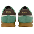 Green Gola trainers with brown soles and 'Gola' branding on a white background
