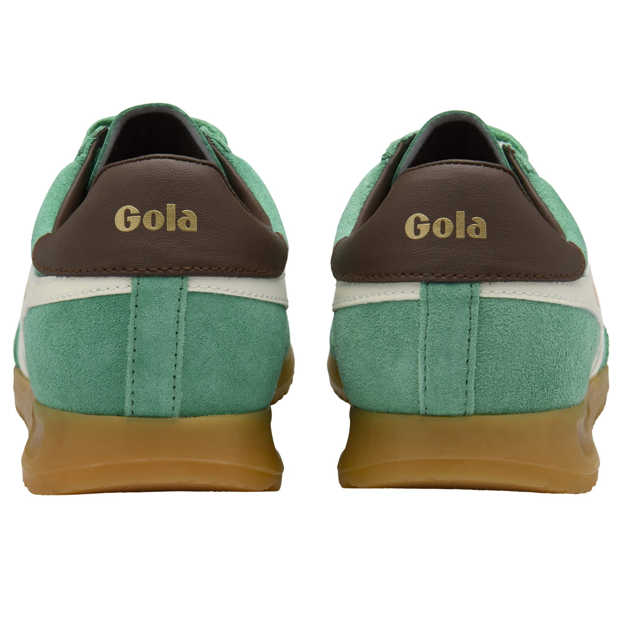 Green Gola trainers with brown soles and 'Gola' branding on a white background