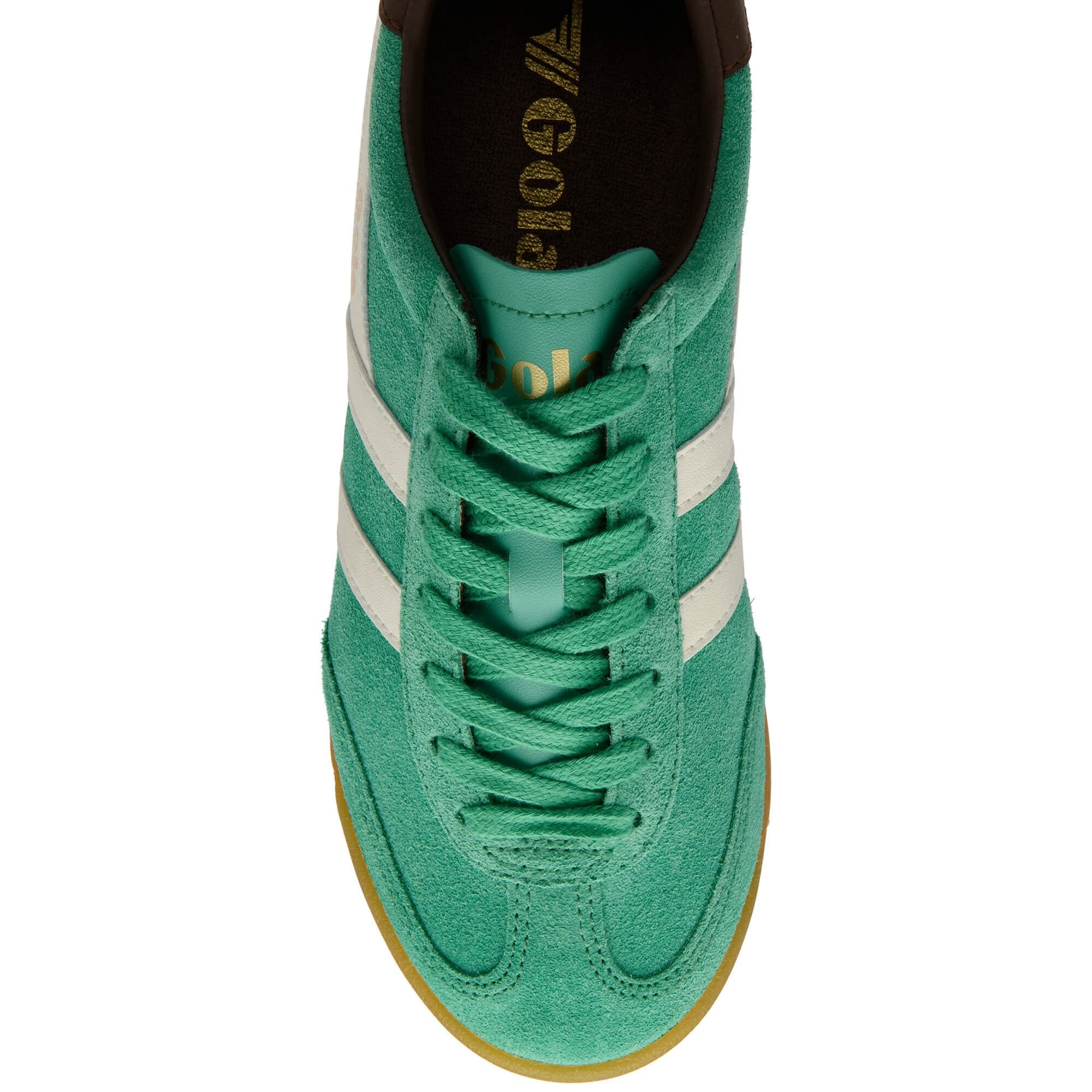 Top-down view of a green suede Gola trainer with white stripes and brown trim