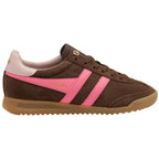 Brown Gola trainer with pink accents on a white background