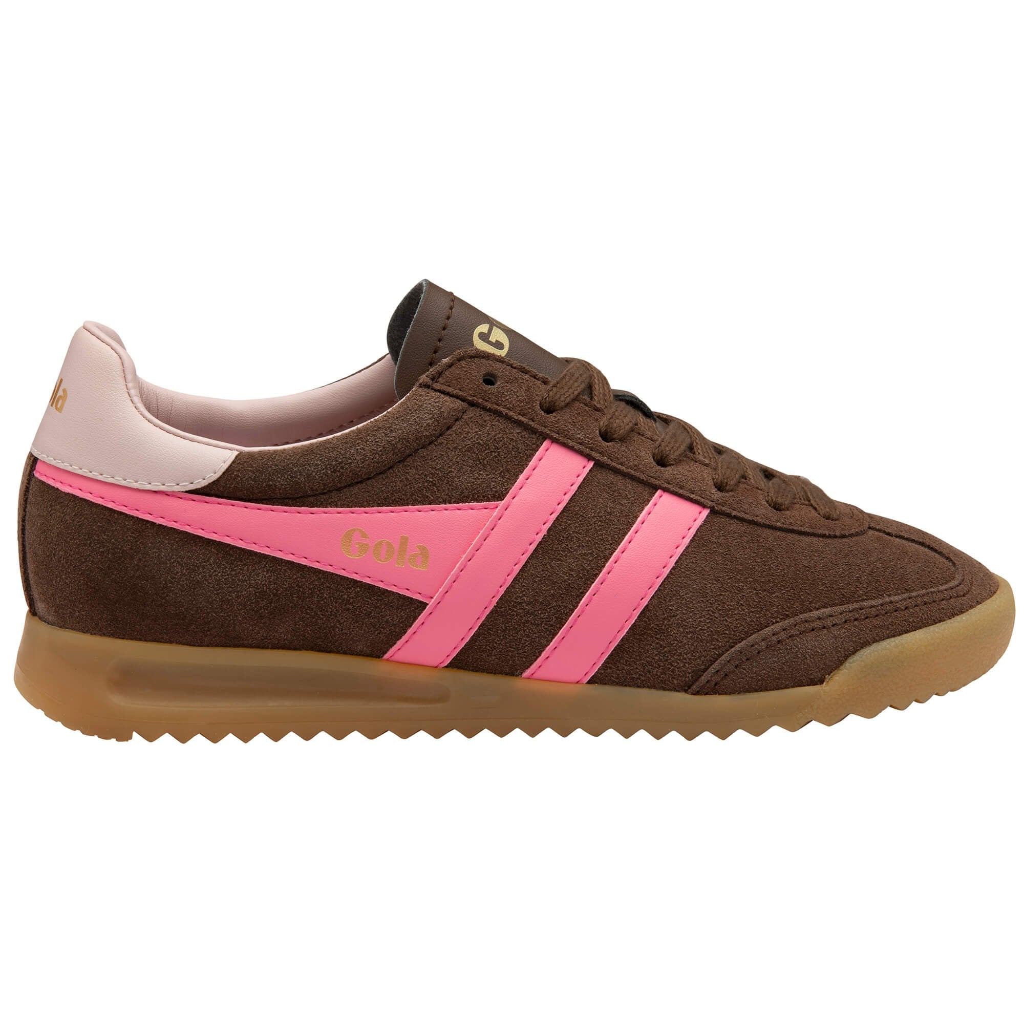Brown Gola trainer with pink accents on a white background