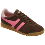 Brown Gola trainer with pink stripes and a brown sole on a white background