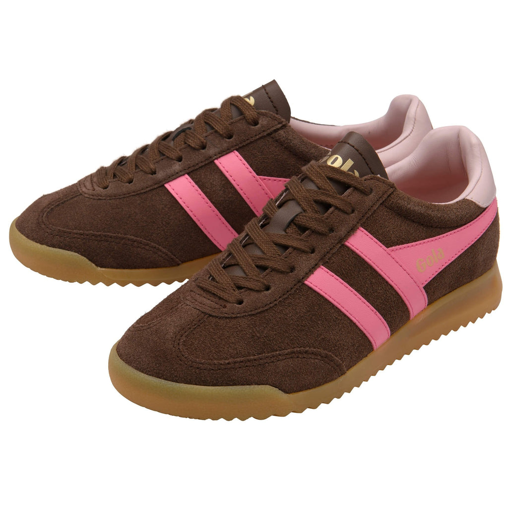 Brown and pink trainers with Gola logo on a white background