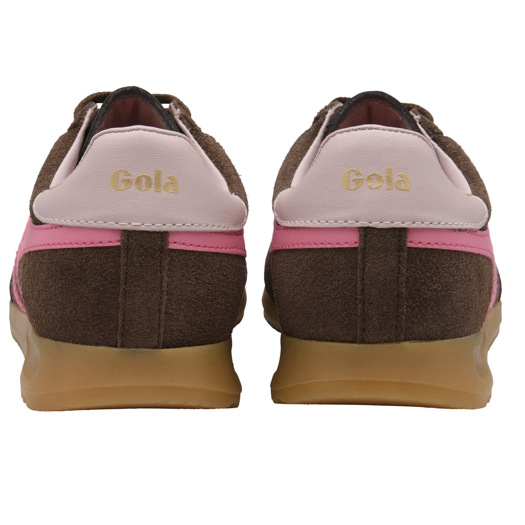 Brown and pink Gola trainers on a white background