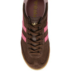 Brown Gola trainer with pink stripes on a white background