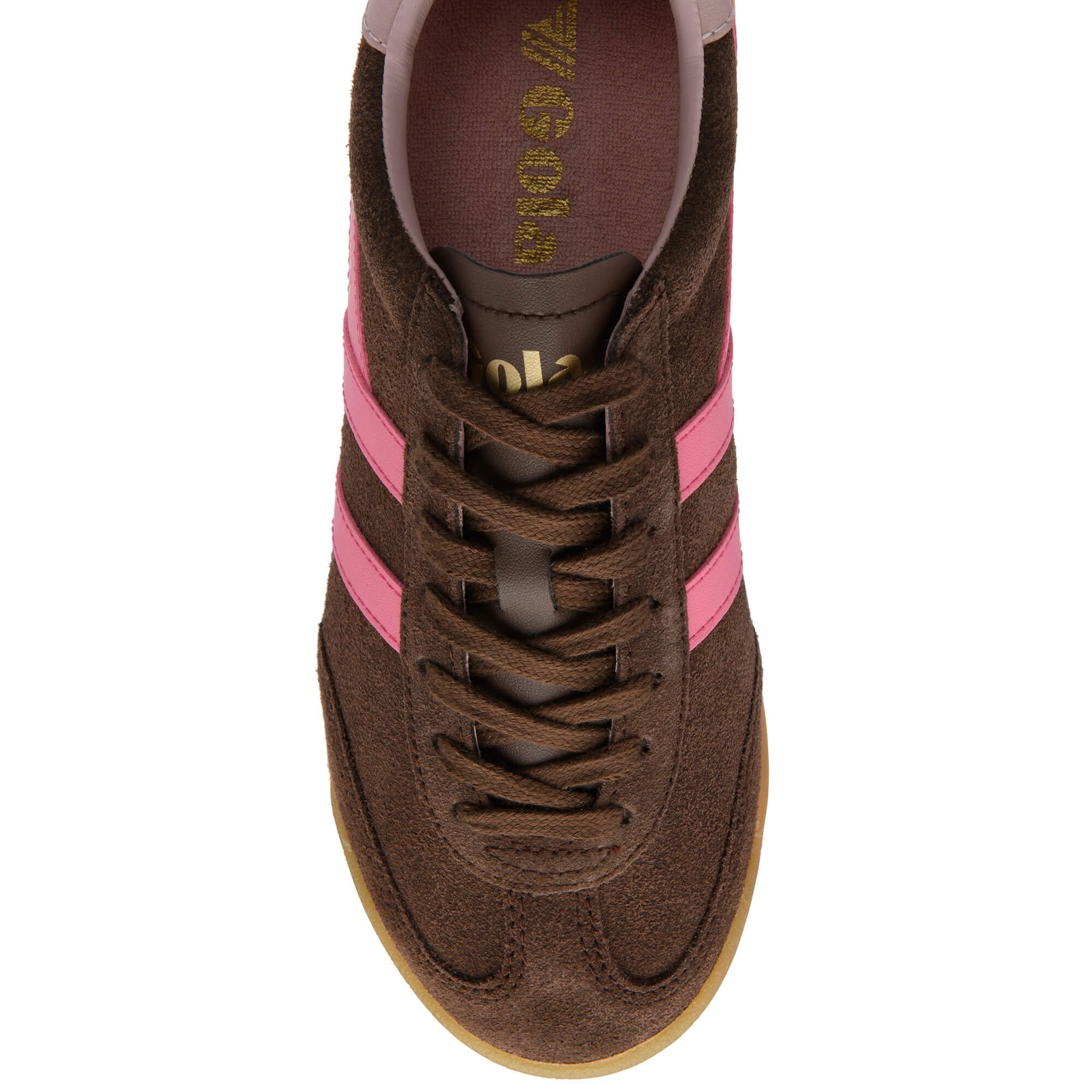 Brown Gola trainer with pink stripes on a white background