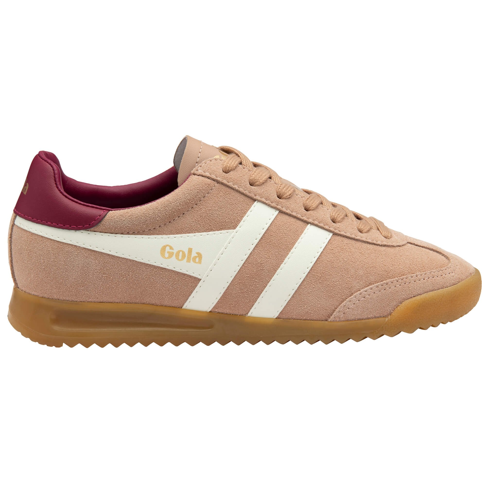 Gola women's trainer in pink suede with white stripes and a maroon heel tab