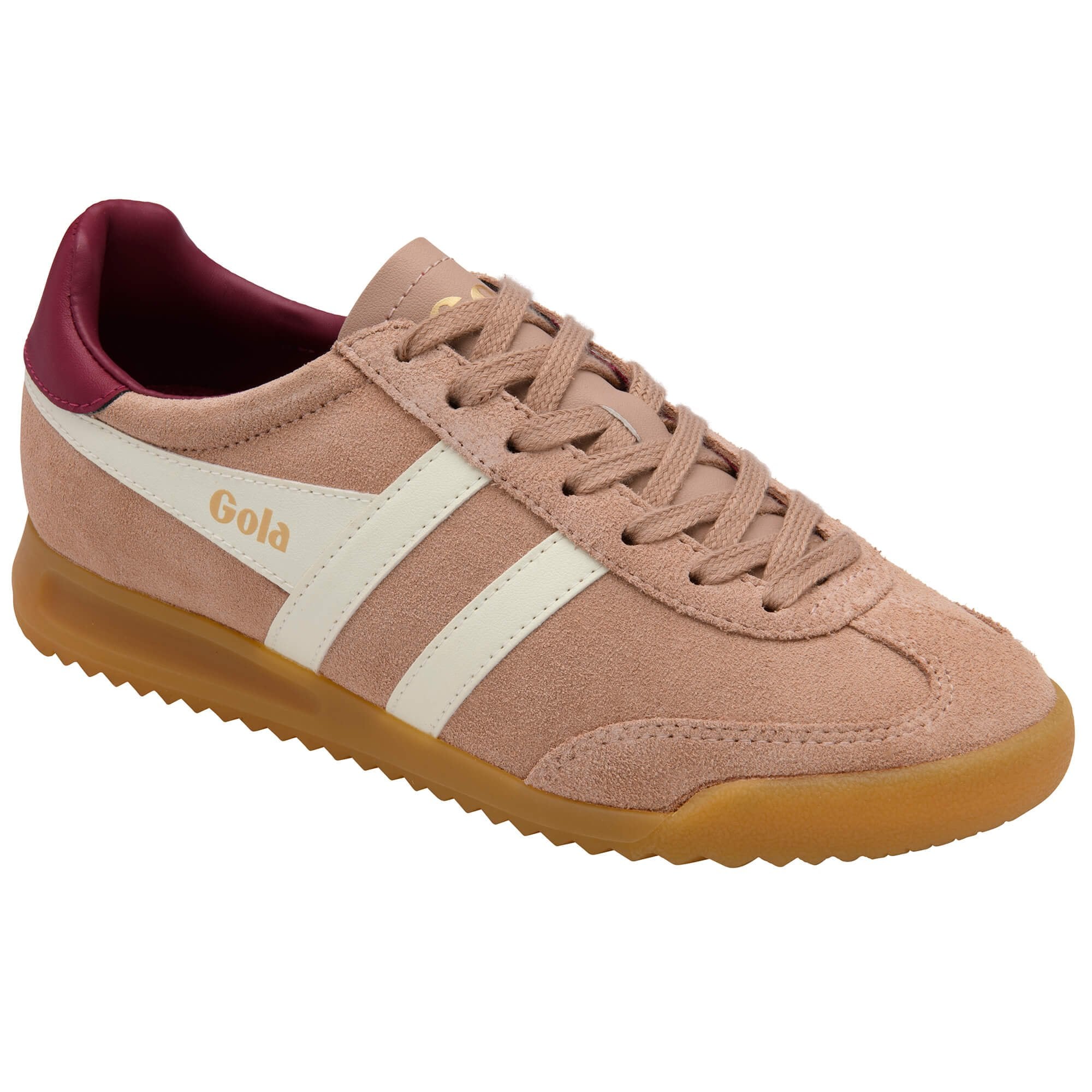 Pink Gola trainer with a white stripe and brown sole on a white background